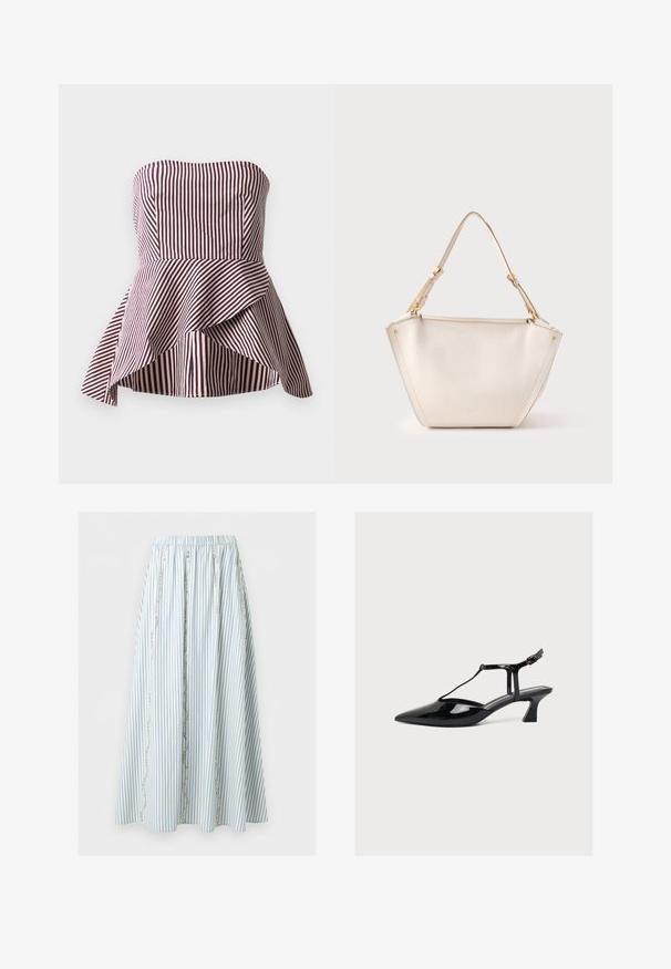 Haut peplum sans bretelles en rayures rouge foncé et crème, présentant un corsage ajusté et un ourlet évasé et superposé pour plus de texture.; Jupe midi à rayures verticales bleu clair et blanc avec une ceinture élastique et des motifs décoratifs verticaux en perles.; Chaussure à talon bas en cuir verni noir, bout pointu, bride en T et fermeture à boucle sur fond clair neutre.; Sac à main en cuir blanc avec une finition texturée et des accents en métal doré. Caractérisé par une forme triangulaire et une bandoulière unique réglable.