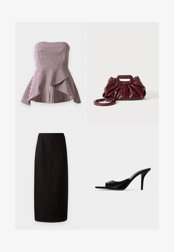 Haut peplum sans bretelles en rayures rouge foncé et crème, présentant un corsage ajusté et un ourlet évasé et superposé pour plus de texture.; Jupe midi noire en tissu léger. Elle présente une silhouette droite, une texture lisse et une taille simple sans embellissements.; Mule à talon haut en cuir noir à bout ouvert avec un talon stiletto fin, vue de profil sur un fond uni.; Petit sac à main en cuir rouge foncé avec texture froncée, poignée rectangulaire découpée pour la main et bandoulière détachable sur fond blanc.