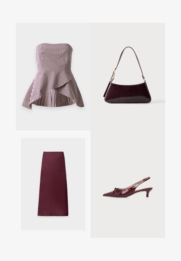 Haut peplum sans bretelles en rayures rouge foncé et crème, présentant un corsage ajusté et un ourlet évasé et superposé pour plus de texture.; Jupe midi droite de couleur bordeaux foncé unie, en tissu lisse sans motifs ni ornements visibles.; Escarpin slingback en cuir verni bordeaux, bout pointu, petit talon et nœud décoratif sur le dessus sur fond blanc.; Sac à main en cuir brun foncé brillant avec une bandoulière simple et des détails en métal doré sur un fond uni.
