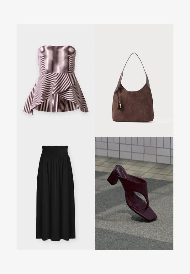 Haut peplum sans bretelles en rayures rouge foncé et crème, présentant un corsage ajusté et un ourlet évasé et superposé pour plus de texture.; Jupe maxi noire avec large ceinture élastique smockée et tissu fluide sous la taille.; Sandale à talon haut rouge foncé avec un bout carré et une large bride, positionnée sur un fond de surface carrelée et asphaltée.; Sac à épaule en daim marron avec une seule sangle et un petit accessoire porte-clés en cuir attaché près du coin supérieur gauche.