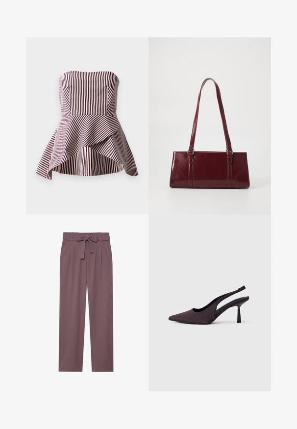 Haut peplum sans bretelles en rayures rouge foncé et crème, présentant un corsage ajusté et un ourlet évasé et superposé pour plus de texture.; Pantalons larges de couleur prune avec une taille ceinturée, un devant plissé et une texture lisse. Comprend des poches latérales et un design ajusté.; Chaussure à talon slingback en tissu violet foncé. Design à bout pointu, côtés ouverts, et talon mince de forme carrée. Texture lisse.; Sac à main bordeaux en matériau brillant, de forme rectangulaire, avec deux anses et des accents légèrement courbés à l'avant.