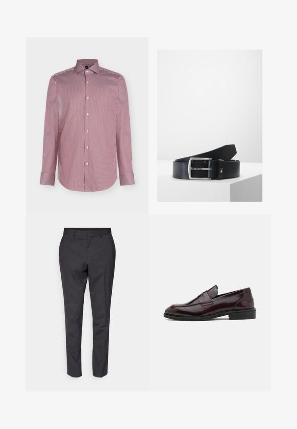 Chemise pour homme à manches longues boutonnée, avec de fines rayures verticales rouges et blanches et un col pointu sur un fond uni.; Pantalons gris ajustés avec une texture lisse, coupe slim et jambes fuselées, dotés d'un devant plat et de passants de ceinture pour plus de détail.; Mocassins en cuir bordeaux avec une finition lisse, un accent rectangulaire à l'avant et une pointe arrondie, dotés d'une semelle en caoutchouc noir.; Ceinture en cuir noir avec une boucle rectangulaire en argent. La boucle présente un petit détail de logo et une texture lisse. Design simple et classique.