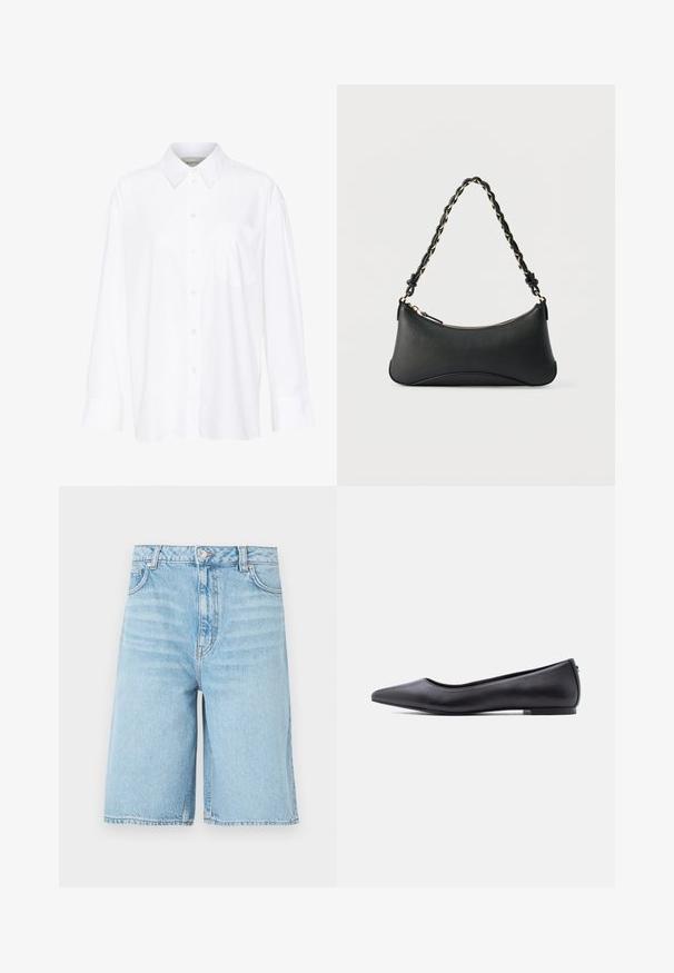 Hvid langærmet skjorte med krave lavet af bomuld. Har en knaplukning fortil og en enkelt brystlomme. Glat tekstur, afslappet pasform.; Lys blå denim shorts til knæet med forreste knap, lynlås, bæltestropper og sidelommer på en hvid baggrund.; Sort flad lædersko med spidst tåparti og lav hæl, vist i sideprofil mod en hvid baggrund.; Sort skuldertaske i læder med en buet rektangulær form, gyldent kæde vævet ind i en flettet sort rem og toplynlås.