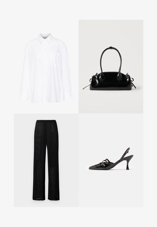 Camisa blanca de manga larga y cuello hecha de algodón. Presenta un cierre de botones en la parte delantera y un bolsillo en el pecho. Textura suave, ajuste relajado.; Pantalones negros de pierna ancha con un sutil brillo, que cuentan con una cintura elástica y un dobladillo recto.; ALOHAS JOELLE ONIX - Tacones - black; Pequeño bolso negro brillante con dos asas largas y detalles de cordón lateral sobre un fondo claro liso.