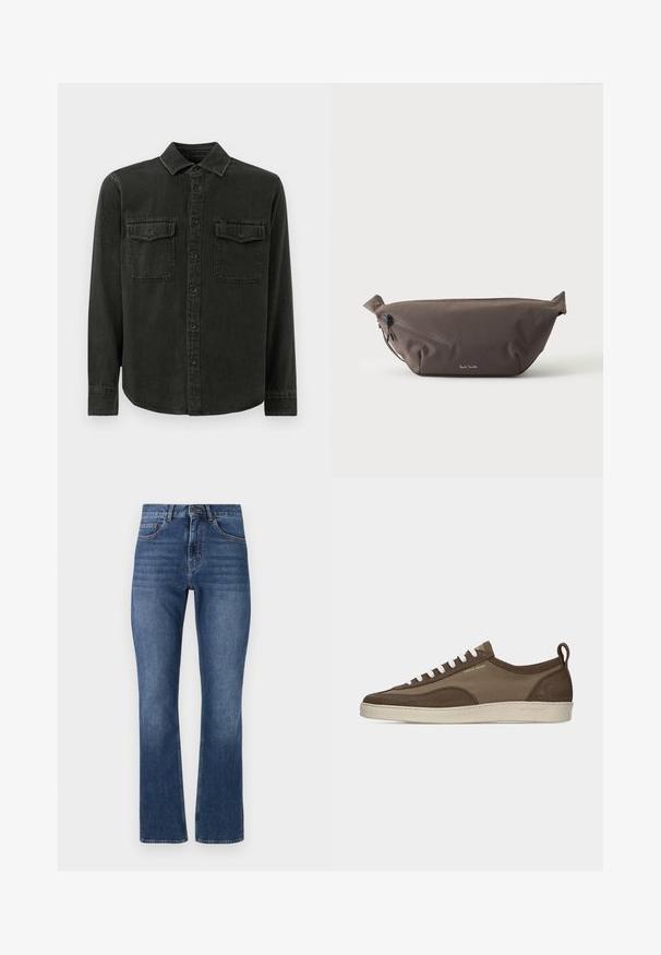 Mørkegrøn skjorte med knapper lavet af blødt stof, med krave, to brystlommer, lange ærmer og lige kant.; Blå denim jeans med lige ben, der har standardlommer og en syet talje, og udviser en medium vask med subtile slidmærker.; Lavprofileret brun sneaker med hvide snørebånd, beige sål, stof og ruskindsoverdel, side pull-tab og "Tiger of Sweden" logo i guldtekst.; Mørkebrun stof talje taske med diagonalt lynlåslomme og lille hvidt logo på fronten, sat mod en ensfarvet lys baggrund.