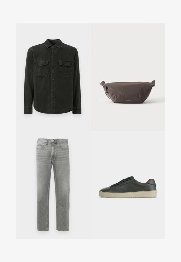 Mørkegrøn skjorte med knapper lavet af blødt stof, med krave, to brystlommer, lange ærmer og lige kant.; Grå denim jeans med lige ben, der har et klassisk fem-lomme-design og subtilt slid for tekstur. Standard lynlåslukning.; Lav top sort lædersneaker med sorte snørebånd og off-white gummisål, set fra den ydre side på hvid baggrund.; Mørkebrun stof talje taske med diagonalt lynlåslomme og lille hvidt logo på fronten, sat mod en ensfarvet lys baggrund.