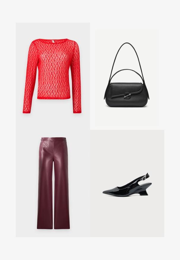 Rød blonde langærmet top med rund halsudskæring. Stoffet har et delikat, åbent vævemønster, hvilket giver en struktureret, semi-transparent fremtoning.; Bordeaux farvet imiteret læderbukser med bred ben-design, der har en glat tekstur og knapdetaljer ved taljen.; Sort laklæder slingback sko med spids tå og lav vinklet blokhæl på ensartet lys baggrund.; Sort læderhåndtaske med afrundede kanter, asymmetrisk klap, metalcirkulært spænde samt både korte og lange skulderstropper.