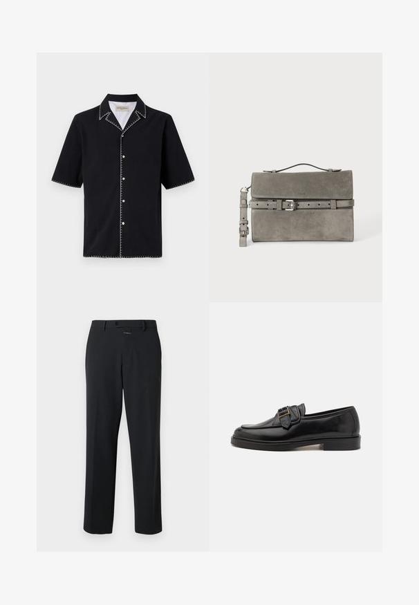 Camisa negra de manga corta con cuello, que presenta costuras en contraste blancas a lo largo de los bordes y botones en la parte delantera. Tejido texturizado.; Pantalones negros de corte recto, fabricados en una tela suave. Presentan un cierre frontal con botón y detalles de costura sutiles. Diseño liso sin patrones.; Mocasines de cuero negro con punta redonda y un acento decorativo de hebilla. Tacón plano y sólido, con una textura suave en todo el zapato.; Bolso clutch rectangular de ante gris con asa superior, correa desmontable y detalle de cinturón con hebilla plateada en la solapa delantera.