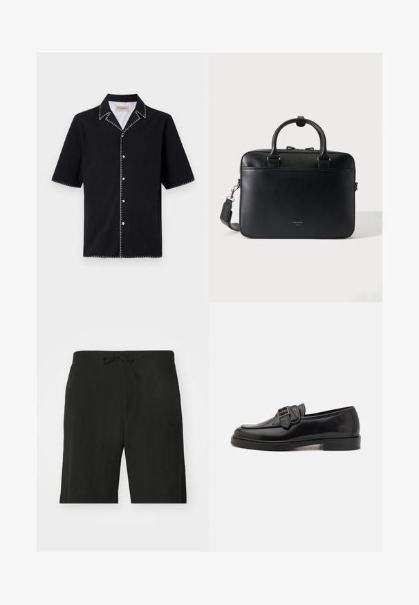Schwarzes kurzärmliges Hemd mit Kragen, mit weißen Kontrastnähten entlang der Kanten und Knöpfen auf der Vorderseite. Strukturierten Stoff.; Schwarze Leinen-Shorts mit elastischem Bund, im entspannten Schnitt und knielanger Ausführung. Sanfte Textur, einfacher und klassischer Stil.; Schwarze Leder-Lederschuhe mit abgerundeter Zehenpartie und dekorativem Schnallenakzent. Flacher, solider Absatz und durchgehend glatte Oberfläche.; Schwarze Lederaktentasche mit doppelten Griffen und abnehmbarem Schulterriemen, minimalistisches Design auf einfarbigem Hintergrund.