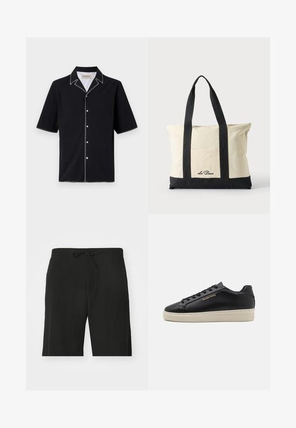 Camisa negra de manga corta con cuello, que presenta costuras en contraste blancas a lo largo de los bordes y botones en la parte delantera. Tejido texturizado.; Pantalones cortos de lino negro con cintura con cordón, que cuentan con un corte relajado y un diseño hasta la rodilla. Textura suave, estilo simple y clásico.; Zapatilla de cuero negra con un acabado suave, suela crema en contraste, puntera redonda, logo dorado en el lateral y seis ojales para los cordones.; Bolsa de lona con asas largas negras, ribete negro en la parte inferior y bolsillo delantero con logo "Les Deux" en letra negra.
