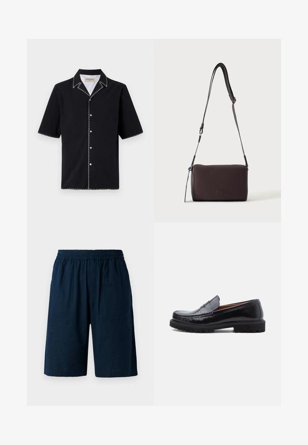 Schwarzes kurzärmliges Hemd mit Kragen, mit weißen Kontrastnähten entlang der Kanten und Knöpfen auf der Vorderseite. Strukturierten Stoff.; Navyblaue Shorts aus leichtem Material, mit elastischem Bund und lockerer Passform, ausgestattet mit zwei Seitentaschen.; Schwarze Leder-Penny-Loafer mit strapazierfähiger Gummisohle und Mokassin-Stich, seitlich auf einem weißen Hintergrund dargestellt.; Dunkelbraune, strukturierte Leder-Crossbody-Tasche mit verstellbarem Riemen und kleinem dekorativen blauen Akzent an der Seite.