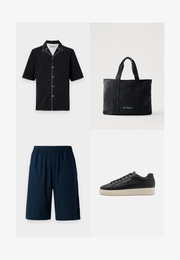 Zwarte korte mouw shirt met een kraag, met witte contrasterende stiksels langs de randen en knopen aan de voorkant. Geweven stof.; Marineblauwe shorts van lichtgewicht stof, met een elastische tailleband en een ontspannen pasvorm, voorzien van twee zijzakken.; Zwarte leren sneaker met een gladde afwerking, contrasterende crèmekleurige zool, ronde neus, gouden logo aan de zijkant en zes gaatjes voor veters.; Zwarte canvas tote bag met twee handvatten, een voorvak en "LES DEUX" in blauw geborduurd op het voorvak.