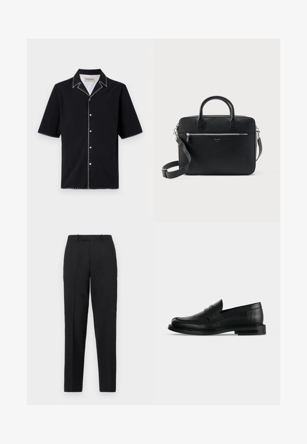 Zwarte korte mouw shirt met een kraag, met witte contrasterende stiksels langs de randen en knopen aan de voorkant. Geweven stof.; Theory STRAIGHT - Broek - deep black; Zwarte leren heren penny loafer met lage gestapelde hak en afgeronde neus, zijaanzicht op lichte grijze achtergrond.; Zwart gestructureerde rechthoekige leren aktetas met dubbele handvatten, voorvak met rits en verstelbare schouderriem, weergegeven op witte achtergrond.