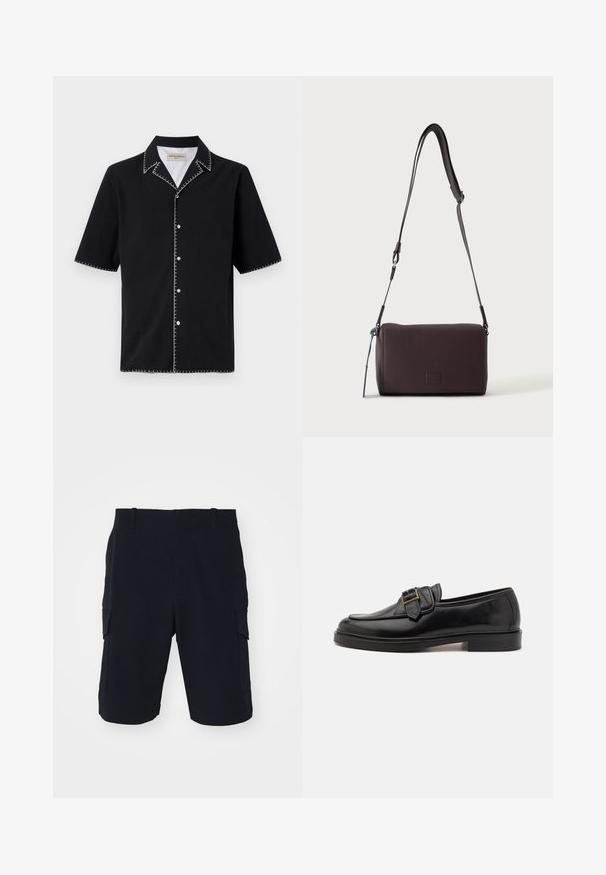 Camisa negra de manga corta con cuello, que presenta costuras en contraste blancas a lo largo de los bordes y botones en la parte delantera. Tejido texturizado.; rag & bone CADE - Shorts - black; Mocasines de cuero negro con punta redonda y un acento decorativo de hebilla. Tacón plano y sólido, con una textura suave en todo el zapato.; Bolso bandolera de cuero marrón oscuro con textura, correa ajustable y pequeño adorno decorativo azul en el lateral.