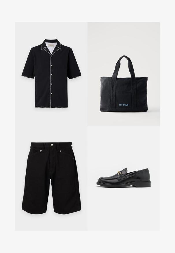 Camisa negra de manga corta con cuello, que presenta costuras en contraste blancas a lo largo de los bordes y botones en la parte delantera. Tejido texturizado.; Pantalones cortos de mezclilla negra con un diseño clásico, que incluyen bolsillos frontales y herrajes de metal. La tela tiene una textura suave y resistente.; Mocasines de cuero negro con punta redondeada, que cuentan con un detalle de herrajes dorados y costuras, situados sobre una suela de goma texturizada y baja.; Bolsa tote de lona negra con dos asas, bolsillo frontal y "LES DEUX" bordado en azul en el bolsillo delantero.