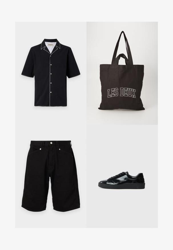 Camisa negra de manga corta con cuello, que presenta costuras en contraste blancas a lo largo de los bordes y botones en la parte delantera. Tejido texturizado.; Pantalones cortos de mezclilla negra con un diseño clásico, que incluyen bolsillos frontales y herrajes de metal. La tela tiene una textura suave y resistente.; Zapatillas de charol negro con punta redonda, diseño con cordones, suela de goma texturizada y acabado suave.; Bolsa de lona negra con dos asas resistentes, presenta texto blanco que dice "LES DEUX" en el frente, textura suave, forma rectangular.