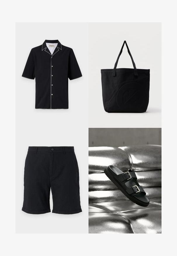 Camisa negra de manga corta con cuello, que presenta costuras en contraste blancas a lo largo de los bordes y botones en la parte delantera. Tejido texturizado.; Pantalones cortos de lino negros con cierre de botón, que presentan dobladillos enrollados y bolsillos laterales, ofreciendo un acabado texturizado y un diseño casual.; Sandalia negra tipo slide con dos hebillas ajustables flotando sobre una superficie plateada metálica brillante y capitonada.; Bolsa tote de lona negra con dos correas para el hombro y un diseño circular en relieve sutil en el frente.