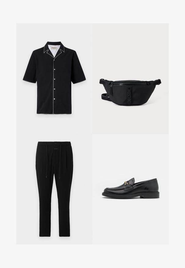 Schwarzes kurzärmliges Hemd mit Kragen, mit weißen Kontrastnähten entlang der Kanten und Knöpfen auf der Vorderseite. Strukturierten Stoff.; CLOSED VIGO TAPERED - Chino - dark night; Schwarze Lederleter mit einer abgerundeten Zehenpartie, ausgestattet mit goldenen Hardwareakzenten und Stichdetails, auf einer niedrigen, strukturierten Gummisohle.; Schwarze Moschino Bauchtasche mit Frontreißverschluss und verstellbarem Riemen auf einfachem hellem Hintergrund.