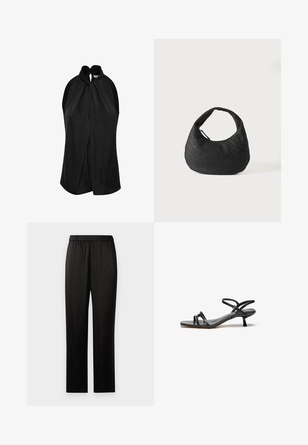 Sort ærmeløs top med halterneck og knudedetalje, blødt stof og en draperet design, der flyder løst fra skuldrene.; Sorte lige ben bukser med elastisk talje, glat stof og ingen synlige lommer eller udsmykninger, præsenteret på en hvid baggrund.; Sorte lædersandaler med et slankt, minimalistisk design. Har to tynde remme og en lille, skrå hæl. Glat tekstur og åben tå.; Sort vævet læderhåndtaske med en buet hank og halvmåneformet krop, vist på en ensfarvet hvid baggrund.