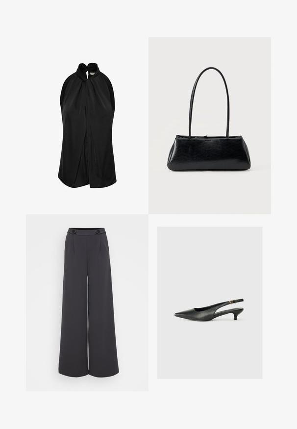 Top negro sin mangas con un cuello halter y un detalle de nudo, fabricado en una tela suave, con un diseño drapeado que cae libremente desde los hombros.; Pantalones de pierna ancha en tejido gris oscuro. Presenta pliegues en la parte frontal y dos botones decorativos en la cintura. Textura suave y forma entallada.; Zapato de tacón slingback negro de punta afilada, hecho de cuero suave. Presenta un tacón delgado y un detalle de hebilla en la correa ajustable.; Bolso de hombro rectangular negro con correas largas y delgadas y una textura lisa y brillante sobre un fondo liso.