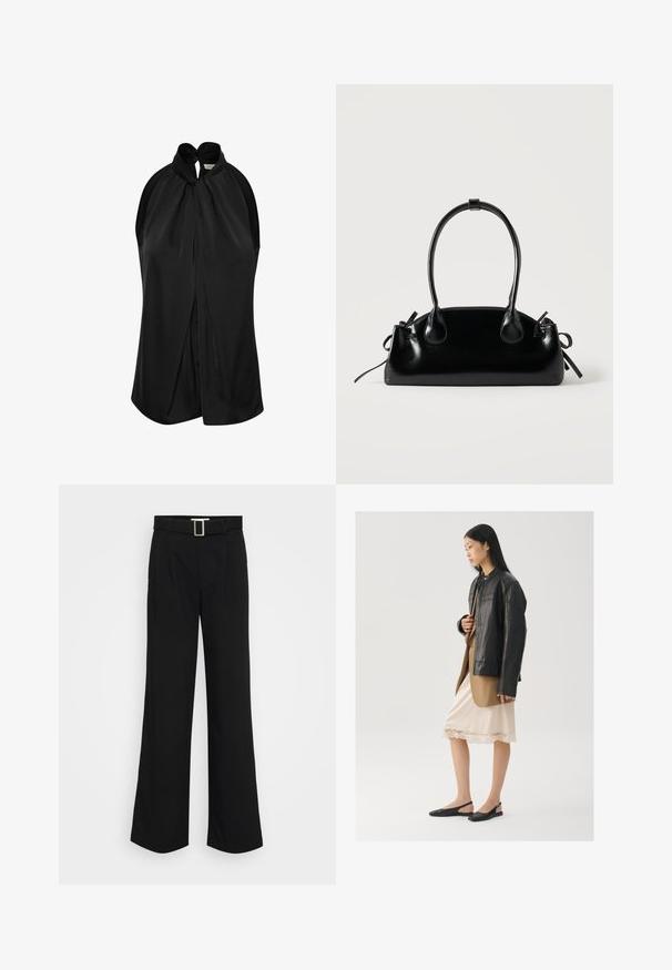 Haut sans manches noir avec un col halter et un détail de nœud, en tissu doux, et un design drapé qui tombe librement des épaules.; Pantalons larges noirs en tissu léger, présentant une texture lisse, des plis avant et une ceinture avec une boucle en métal carrée.; Veste en cuir noir portée sur un haut marron, associée à une robe légère crème à bretelles avec bordure en dentelle et des chaussures slingback noires.; Petit sac à main noir brillant avec deux longues anses et des détails à cordon sur les côtés sur un fond clair uni.