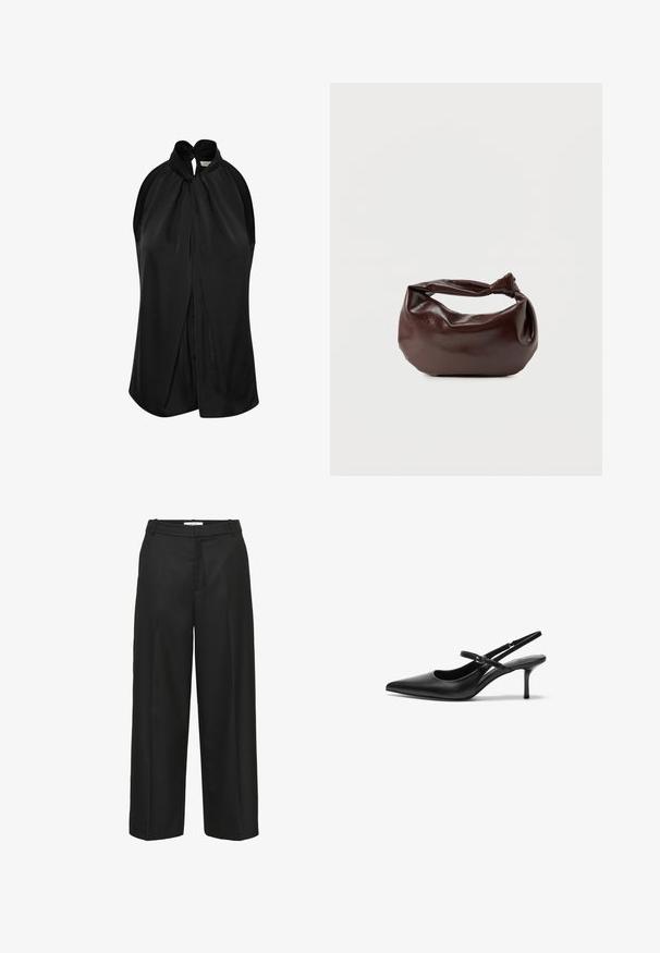 Sort ærmeløs top med halterneck og knudedetalje, blødt stof og en draperet design, der flyder løst fra skuldrene.; Sorte bukser med vide ben og en glat tekstur, der har en flad front, bæltestropper og ingen synlige pynt. Skræddersyet til en løs pasform.; Sorte læder slingback hæle med spids tå, slank justerbar rem og en stiletto hæl på cirka 5 cm, glat tekstur.; Mørkebrun læder skuldertaske med en blød, afslappet form og et snoet knudehåndtag på en ensartet hvid baggrund.