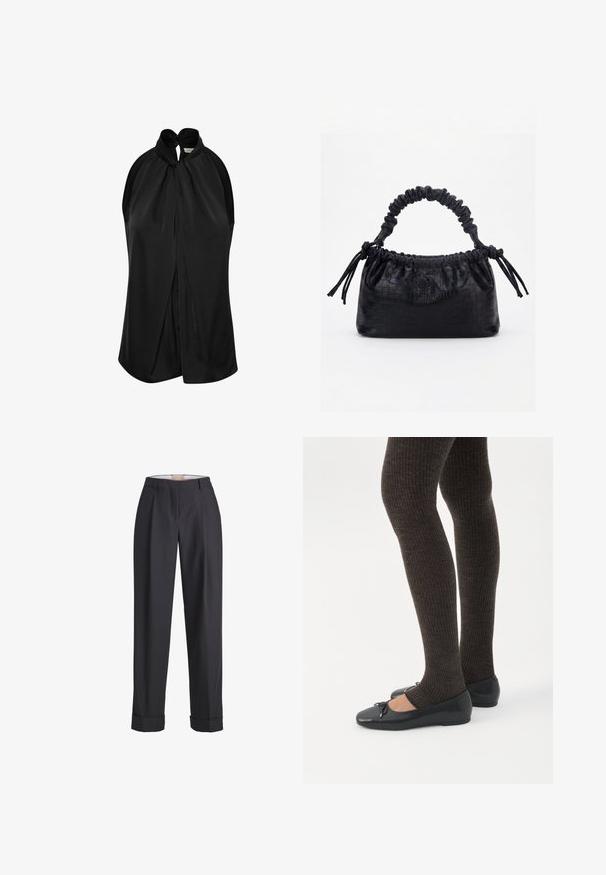 Sort ærmeløs top med halterneck og knudedetalje, blødt stof og en draperet design, der flyder løst fra skuldrene.; Mørkegrå bukser lavet af et tekstureret stof, med høj talje, draperinger og oprullede manchetter ved sømmene.; Ben iført mørke ribbede leggings kombineret med sorte balletsko med små sløjfedetaljer på hvid baggrund.; Sort taske med krokodilletekstur, rynket øverste kant, samlet hank og snore med kvaster på hver side mod en hvid baggrund.