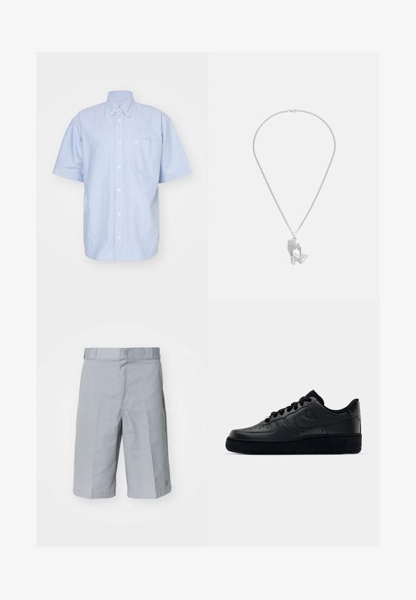 Chemise à manches courtes bleu clair en tissu coton. Dotée d'un col et d'une poche avant. Design simple et uni.; Shorts gris clair en tissu résistant, dotés d'une coupe droite, d'une taille avec passants de ceinture et de détails de plis subtils.; Baskets Nike Air Force 1 noires avec un dessus en cuir lisse, bout perforé pour la respirabilité, lacets noirs et semelle en caoutchouc texturé.; Collier en argent avec un pendentif représentant deux mains jointes, suspendu à une chaîne fine au texture lisse.