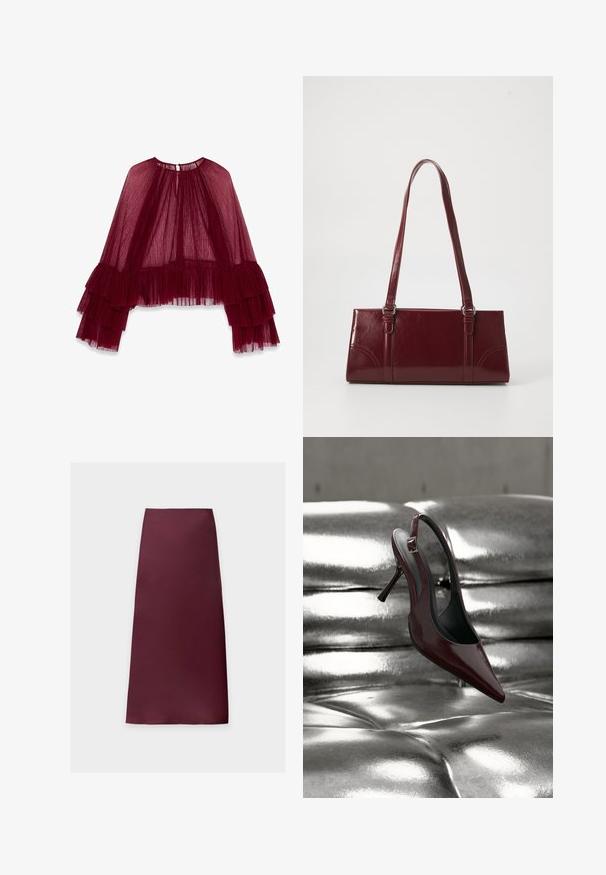 Blusa burdeos transparente con un alto cuello, diseño de capas con pliegues y mangas acampanadas con acentos de volantes. Tejido texturizado.; Falda midi de corte recto en color burdeos oscuro liso, con tejido suave y sin patrones ni adornos visibles.; Zapato de tacón alto tipo slingback de color rojo oscuro con puntera puntiaguda, descansando sobre una superficie acolchada metálica plateada y brillante.; Bolso burdeos hecho de material brillante, de forma rectangular, con dos asas para el hombro y sutiles acentos curvados en la parte frontal.