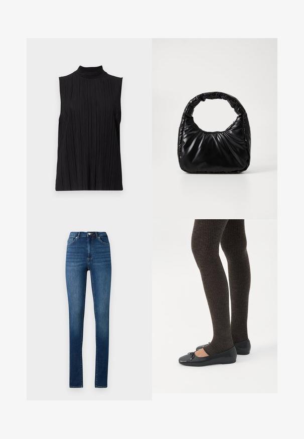 Top negro sin mangas con cuello alto, que presenta una textura de pliegues verticales. La tela parece suave con un ligero brillo.; Vaqueros skinnies de cintura alta en denim azul medio con estilo clásico de cinco bolsillos y cierre de botón.; Piernas con leggings oscuros acanalados combinados con bailarinas negras que presentan pequeños detalles de lazo sobre un fondo blanco.; Bolso negro acolchado con un asa redondeada, que presenta una superficie lisa y brillante y una textura suave y acolchada. Sin herrajes ni acentos visibles.