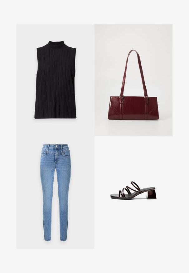 Sort ærmeløs top med høj hals, der har en lodret plisseret tekstur. Stoffet ser glat ud med en let glans.; Smaltsiddende jeans i lyseblåt denim med høj talje, to forlommer og lynlåslukning. Har en glat tekstur og subtil falmning.; Åben tå hæl sandal i mørk bourgogne lakeret læder, med tre tynde stropper og en firkantet blokhæl. Glat overflade, minimalistisk design.; Bordeaux håndtaske lavet af glansfuldt materiale, rektangulær form, med to skulderremme og subtile buede detaljer på forsiden.
