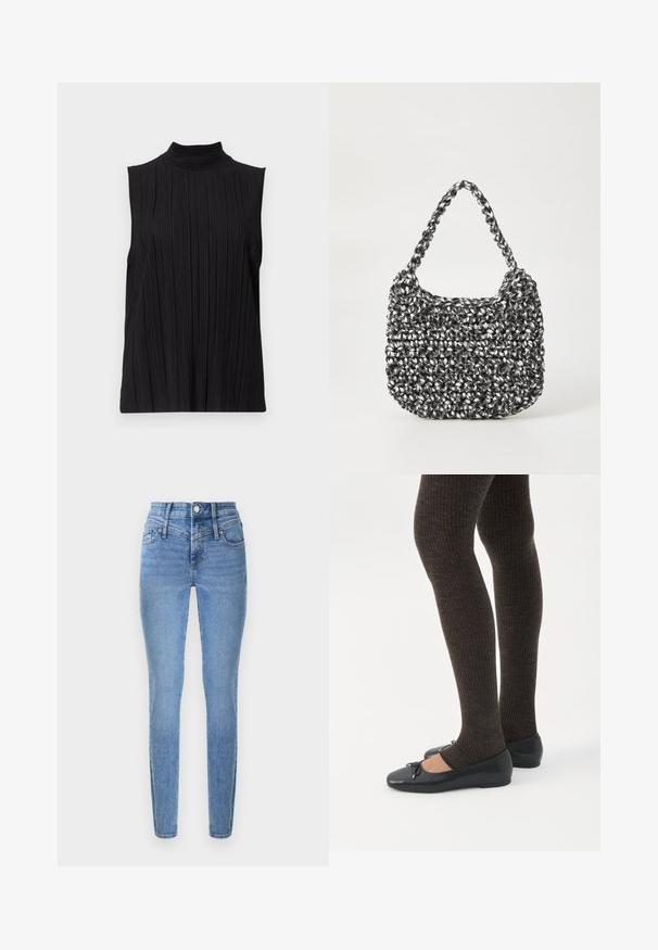 Sort ærmeløs top med høj hals, der har en lodret plisseret tekstur. Stoffet ser glat ud med en let glans.; Smaltsiddende jeans i lyseblåt denim med høj talje, to forlommer og lynlåslukning. Har en glat tekstur og subtil falmning.; Ben iført mørke ribbede leggings kombineret med sorte balletsko med små sløjfedetaljer på hvid baggrund.; Vævet håndtaske i sort og hvid med en rund form, tekstureret overflade og et fletet håndtag. Velegnet til afslappet brug.