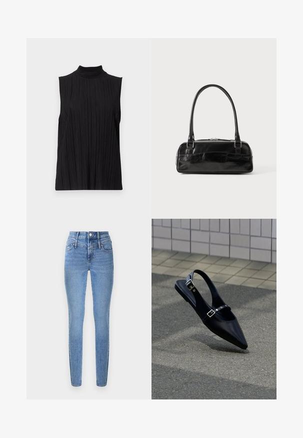 Top negro sin mangas con cuello alto, que presenta una textura de pliegues verticales. La tela parece suave con un ligero brillo.; Vaqueros ajustados en denim azul claro con cintura alta, dos bolsillos delanteros y cremallera. Presentan una textura suave y un desvanecimiento sutil.; Zapato plano negro de punta puntiaguda con tiras de doble hebilla y talón descubierto, descansando sobre asfalto gris cerca de una pared con azulejos.; Bolso de mano de cuero negro con forma rectangular, equipado con un asa estructurada, herrajes en plata y cierre de cremallera. Textura suave.