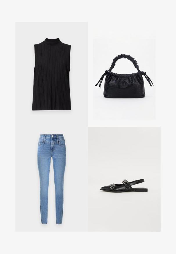 Top negro sin mangas con cuello alto, que presenta una textura de pliegues verticales. La tela parece suave con un ligero brillo.; Vaqueros ajustados en denim azul claro con cintura alta, dos bolsillos delanteros y cremallera. Presentan una textura suave y un desvanecimiento sutil.; Even&Odd by Zalando Bailarinas con tira trasera - black; Bolso negro con textura de cocodrilo, borde superior fruncido, asa recogida y cordones con borlas en cada lado sobre un fondo blanco.