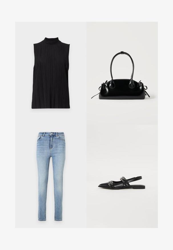 Sort ærmeløs top med høj hals, der har en lodret plisseret tekstur. Stoffet ser glat ud med en let glans.; Stramme jeans lavet af lys blå denim, med høj talje, subtil falming, standard fem-lomme design og lynlåsgylp med knappelukning.; Even&Odd by Zalando Slingback-ballerinasko - black; Lille sort blank håndtaske med to lange håndtag og snøre-detaljer i siden på en ensfarvet lys baggrund.