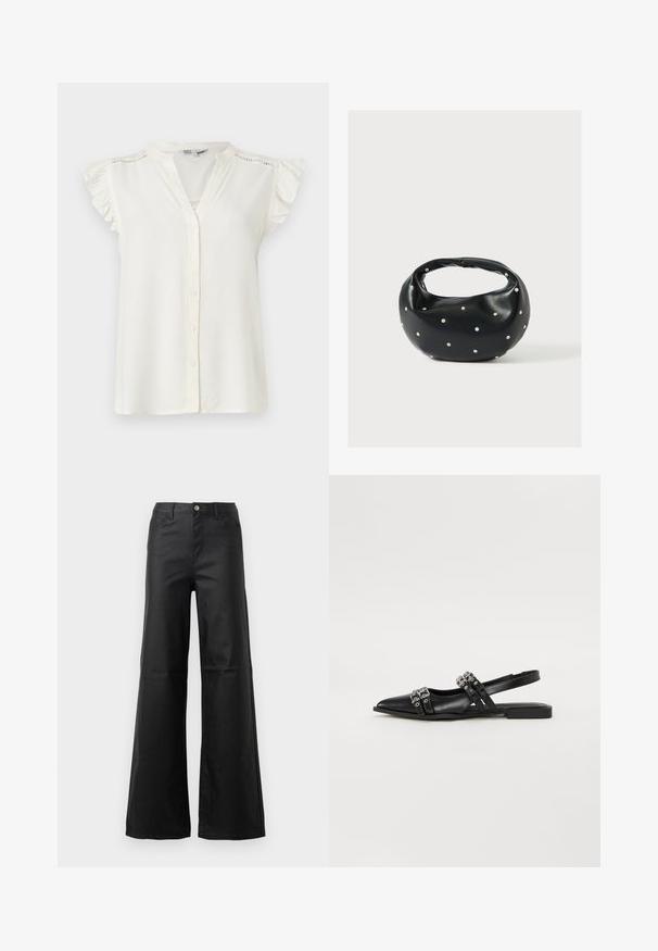 Blouse blanche sans manches avec des boutons sur le devant, des manches courtes volantées et des détails délicats en dentelle le long des épaules et du décolleté.; Jean noir à jambe large en denim lisse, avec une fermeture à bouton, des poches avant et une taille haute.; Even&Odd by Zalando Ballerines à brides arrière - black; Sac à main en cuir noir de forme arrondie, décoré de clous argentés et équipé d'une poignée courte. Texture lisse et fermeture éclair.