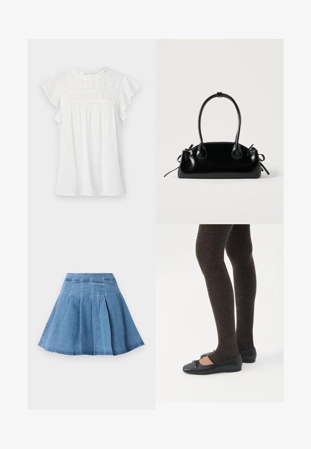Blouse blanche à manches courtes, avec des manches volantes, un devant froncé avec des détails en dentelle, et un motif texturé sur un tissu léger.; Jupe plissée en denim bleu clair avec une taille ajustée, évasée au niveau de l'ourlet, présentant de subtils détails de couture et une texture douce.; Jambes portant des leggings côtelés foncés associés à des ballerines noires avec de petits détails en nœud sur fond blanc.; Petit sac à main noir brillant avec deux longues anses et des détails à cordon sur les côtés sur un fond clair uni.