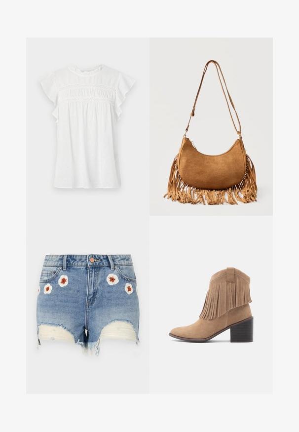 Blusa blanca de manga corta, con mangas con volantes, parte delantera fruncida con detalle de encaje y un patrón texturizado en tejido ligero.; Shorts de mezclilla con dobladillo deshilachado, color azul claro, con bordados florales en blanco y marrón alrededor del frente. Diseño de cinco bolsillos.; Bota de ante color tan con punta redondeada y parte superior con flecos. Cuenta con un tacón ancho de altura media y un diseño robusto con un detalle de asa en la parte trasera.; Bolso de hombro marrón de ante con forma de media luna, con correa larga y detalles de flecos a lo largo de los bordes inferiores sobre un fondo blanco.