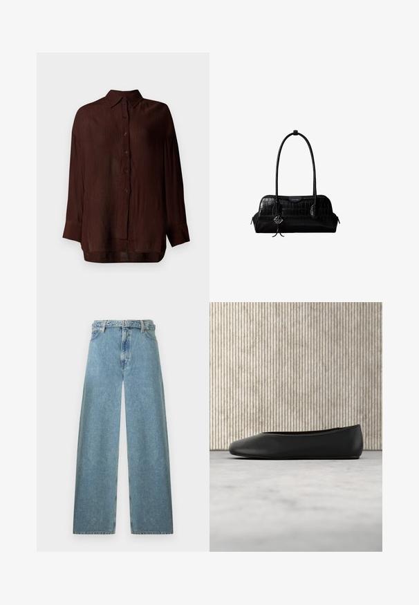 Blouse légère marron avec une finition texturée, fermeture à boutons sur le devant, col, et manches longues, offrant une coupe décontractée et des fentes sur les côtés.; Jean en denim bleu clair à jambes larges avec une taille haute, passants pour ceinture, fermeture avant par bouton et zip sur fond blanc.; Ballerine en cuir noir avec un bout arrondi, texture lisse et un accent logo doré sur le côté. Placée au-dessus d'une surface réfléchissante.; Sac à épaule en cuir noir à texture crocodile, avec de longues sangles et un petit charm logo argenté sur une sangle.