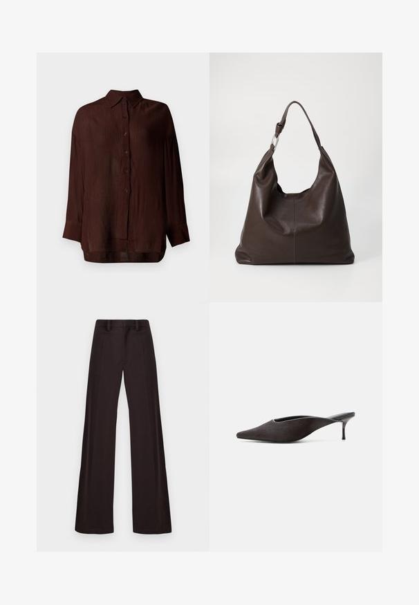Blouse légère marron avec une finition texturée, fermeture à boutons sur le devant, col, et manches longues, offrant une coupe décontractée et des fentes sur les côtés.; Pantalons larges en tissu sombre, présentant une texture lisse, des passants de ceinture et un pli avant, avec un design épuré et sans ornements.; Mule noire à bout pointu, talon stiletto bas et finition lisse et élégante, vue de profil sur fond blanc.; Zign by Zalando LEATHER - Cabas - chocolate brown