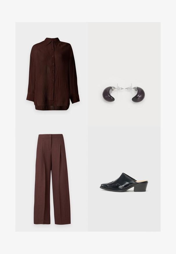 Blouse légère marron avec une finition texturée, fermeture à boutons sur le devant, col, et manches longues, offrant une coupe décontractée et des fentes sur les côtés.; Pantalon marron à jambes larges et taille haute avec plis devant et fermeture avant dissimulée, présenté sur fond blanc uni.; Mules en cuir verni noir avec un bout pointu, un design courbé et un petit talon bloc, ornés de piqûres décoratives sur le dessus.; Boucles d'oreilles en résine violet foncé en forme de croissants de lune, avec des accents en métal argenté et des attaches arrière en plastique transparent pour un maintien sûr.