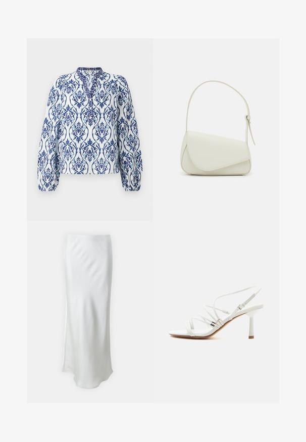 Langarmbluse in Weiß mit blauem und aquafarbenem Blumenmuster, mit Stehkragen und gerafften Manschetten, aus leichtem Stoff gefertigt.; Samsøe Samsøe AGNETA SKIRT - A-Linien-Rock - solitary star; Weißer, hochhackiger Sandale mit dünnen Riemchen, silbernen Akzenten, quadratischer Spitze und einem schlanken, mittelhohen Absatz vor schlichtem weißem Hintergrund.; Weiße Kunstleder-Handtasche mit einer strukturierten dreieckigen Form, einem verstellbaren Einzelgurt und einem Klappenverschluss mit geschwungenen Akzenten.