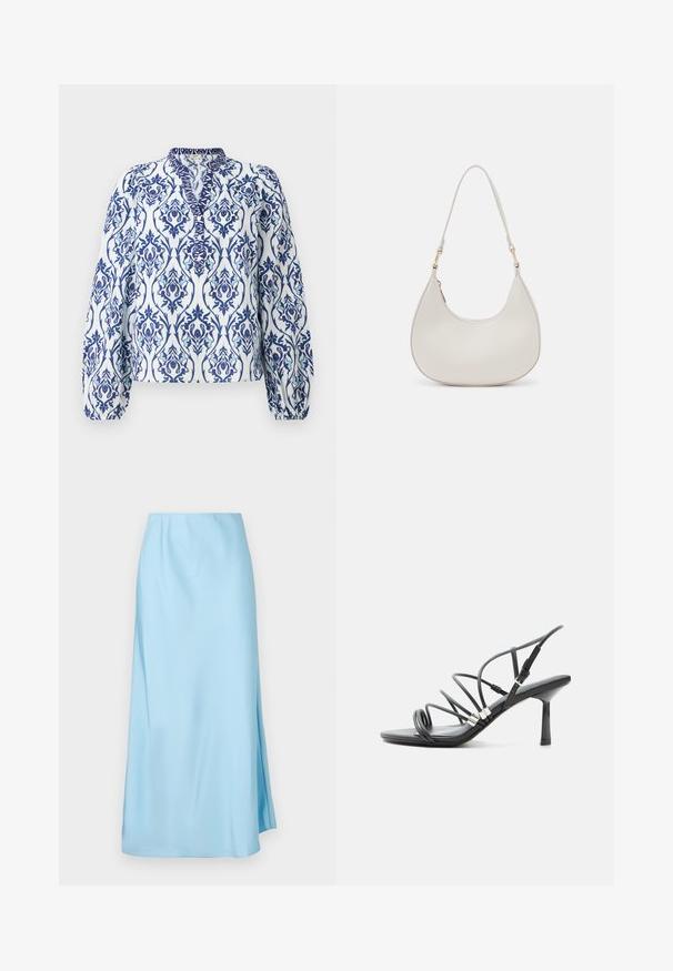 Blusa de manga larga en blanco con un estampado floral en azul y aqua, con cuello alzado y puños fruncidos, fabricada en tejido ligero.; Falda midi azul claro con una textura suave, que cuenta con una ligera abertura lateral y una pretina elástica para mayor comodidad y facilidad de uso.; Sandalia negra de tacón alto con tiras finas y curvas, detalles plateados y una hebilla ajustable en el tobillo sobre un fondo blanco.; Bolso de hombro de cuero crema con forma de media luna, correa delgada y sutil detalle de costuras. Diseño minimalista con acentos de hardware en tono dorado.