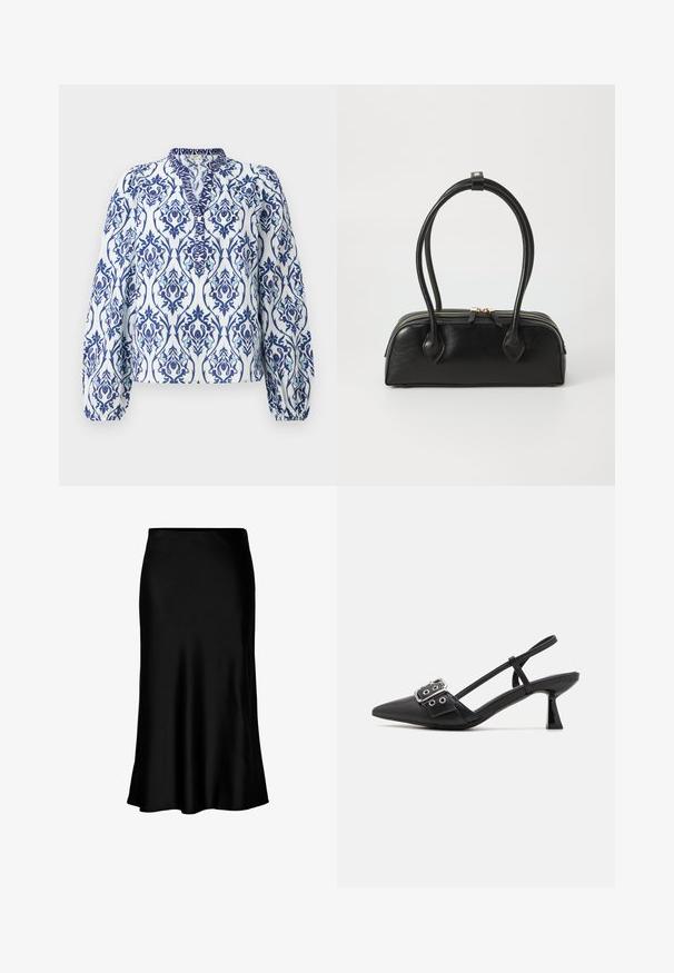 Langærmet bluse i hvid med blå og akvafloralmønster, med opretstående krave og ærmer med flæser, lavet af letvægtsstof.; Sort satin midi-nederdel med en glat tekstur, klokkeformet kant og en tætsiddende talje, der har et enkelt, klassisk design.; Simmi London DALA - Pumps - black; Sort læder håndtaske med to langstrakte håndtag, lynlåslukning og afrundet form; glat tekstur med en subtil blank finish.