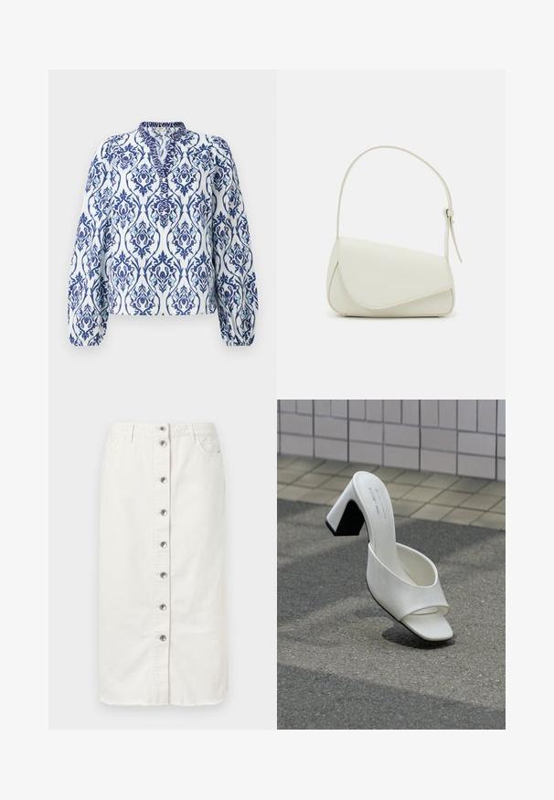 Blusa de manga larga en blanco con un estampado floral en azul y aqua, con cuello alzado y puños fruncidos, fabricada en tejido ligero.; Falda midi de denim blanco con cierre de botones en el frente, dos bolsillos laterales y acentos bordados en la cinturilla. Presenta un dobladillo sin terminar.; Un mule blanco de punta abierta con tacón cuadrado, sobre asfalto gris frente a una pared con azulejos.; Bolso de mano de imitación cuero blanco con una forma triangular estructurada, correa ajustable única y cierre con solapa acentuada en curva.