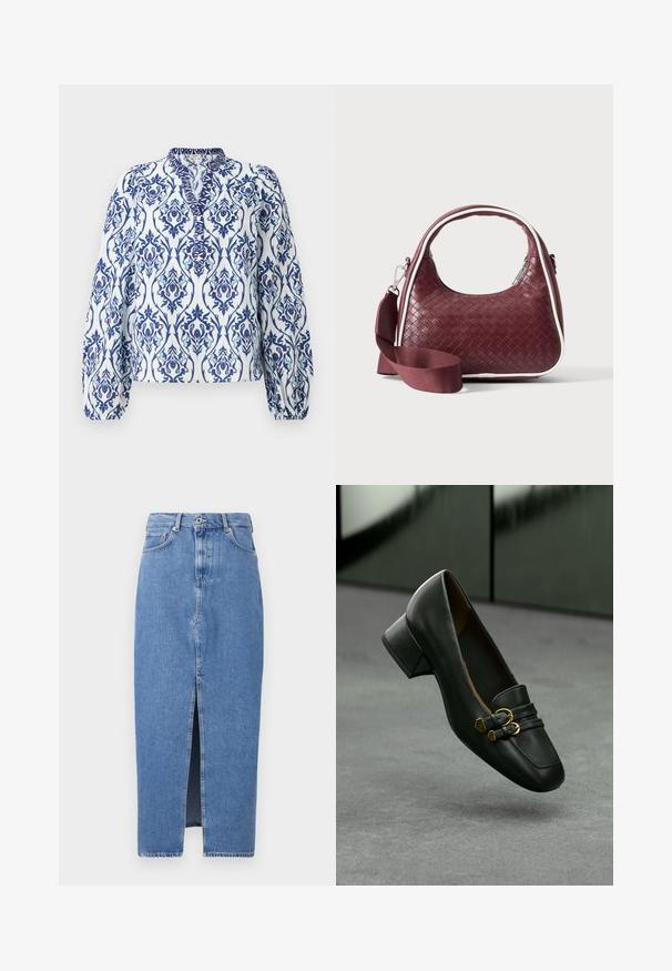 Langarmbluse in Weiß mit blauem und aquafarbenem Blumenmuster, mit Stehkragen und gerafften Manschetten, aus leichtem Stoff gefertigt.; Hellblaues Denim-Midi-Rock mit einem vorderen Schlitz, klassischem Fünf-Taschen-Design und einem oberen Knopfverschluss. Der Stoff hat eine leichte Textur.; Schwarze Lederloafer mit einem niedrigen Blockabsatz und goldfarbenen Schnallenelementen. Sie haben eine abgerundete Spitze und eine strukturierte Oberfläche.; Dunkelrote gewebte Ledertasche mit gebogenem Griff, weißem Besatz, silbernem Reißverschluss und abnehmbarem breitem Stoff-Schulterriemen vor einfarbigem Hintergrund.