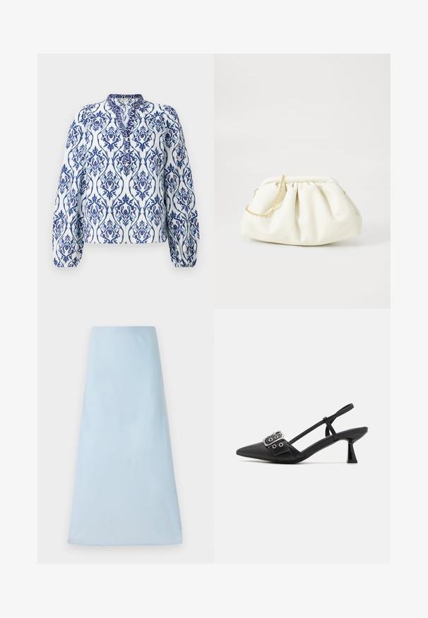 Blusa de manga larga en blanco con un estampado floral en azul y aqua, con cuello alzado y puños fruncidos, fabricada en tejido ligero.; Falda azul claro en línea A, hecha de una tela suave, que presenta un diseño limpio sin patrones ni acentos visibles, llegando a la mitad del muslo.; Simmi London DALA - Tacones - black; Bolso de mano de cuero blanco con un diseño recogido, cuenta con una cadena dorada y forma redondeada. Textura suave con pliegues suaves y sin patrones.