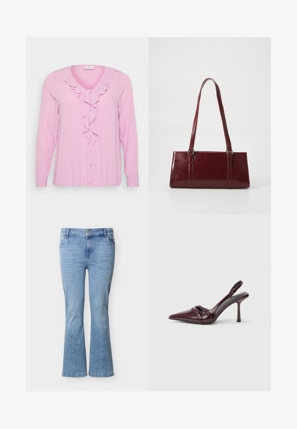 Rosa Langarmbluse mit V-Ausschnitt, ausgestattet mit einem Frontfransen-Detail und Knopfverschluss. Hergestellt aus einem weichen, leichten Stoff.; Hellblaue Jeans aus Denim mit ausgestelltem Bein, doppelt knöpfbarem Verschluss, Vordertaschen und dezentem Verblassen an den Oberschenkeln.; Bordeauxroter Slingback-Pumps aus Lackleder mit spitz zulaufender Vorderkappe, dünnem Knöchelriemen und kleiner dekorativer Schnalle. Glatte Textur und hoher Absatz.; Burgunderfarbene Handtasche aus glänzendem Material, rechteckige Form, mit zwei Schulterriemen und subtilen, geschwungenen Akzenten an der Vorderseite.