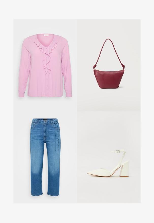 Rosa Langarmbluse mit V-Ausschnitt, ausgestattet mit einem Frontfransen-Detail und Knopfverschluss. Hergestellt aus einem weichen, leichten Stoff.; Helle blaue Denim-Jeans mit einem lässigen Schnitt, geraden Beinen, mittelhoher Taille und verstellbarem Bindebanddetail an der Vorderseite. Glatte Textur.; Weißer sandal mit Absatz und spitzem Zehenbereich, verstellbarem Knöchelriemen und chunky quadratischem Absatz. Glatte Textur mit minimalen Nähdetails.; Kleine Schultertasche aus kastanienbraunem Leder mit geknotetem Riemen und Reißverschluss oben vor einem schlichten hellen Hintergrund.