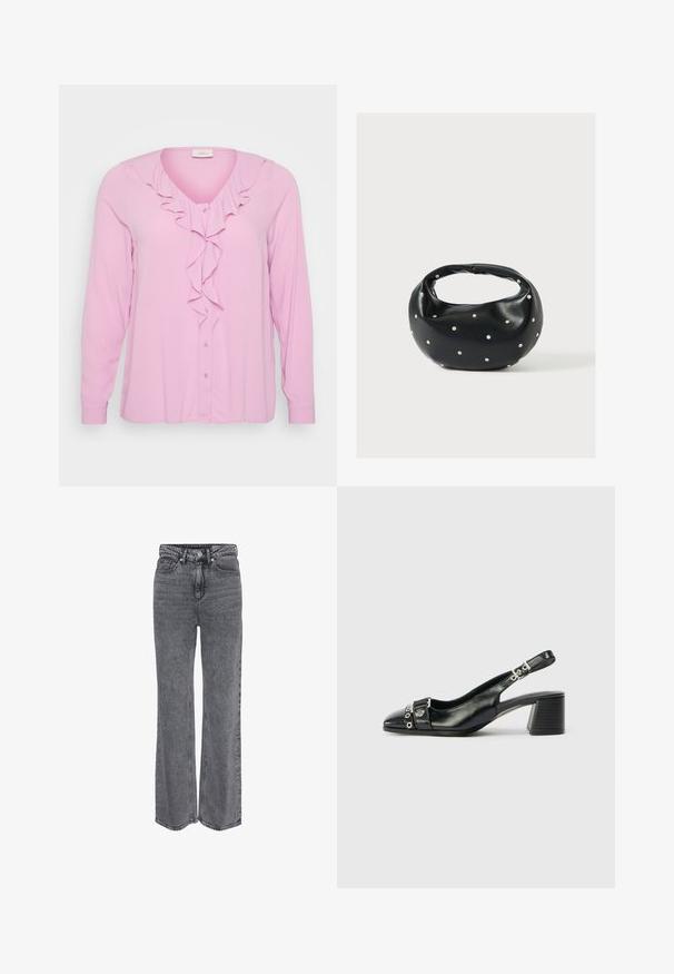 Blusa rosa de manga larga con escote en V, que presenta un detalle de volantes en la parte frontal y cierre de botones. Fabricada con una tela suave y ligera.; Vaqueros de mezclilla gris de tiro alto y pierna recta, con cierre frontal de botón y cremallera, y diseño clásico de cinco bolsillos.; Tacón slingback de cuero negro con punta afilada, correa texturizada con acentos metálicos circulares y tacón cuadrado apilado.; Bolso de mano de cuero negro con forma redondeada, decorado con detalles de tachuelas plateadas y un asa corta. Textura lisa y cierre con cremallera.